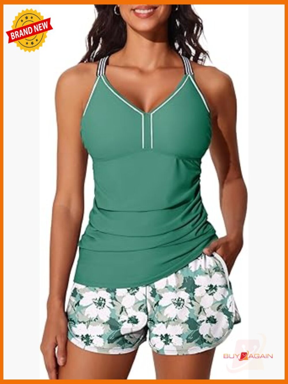 Modest Tankini Set with Boy Shorts & Pockets Tummy Control Swimsuits